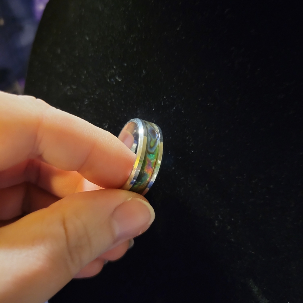 Stainless Steel Unisex Ring Sz 9 (Approx) W/ Faux Abalone Inlay